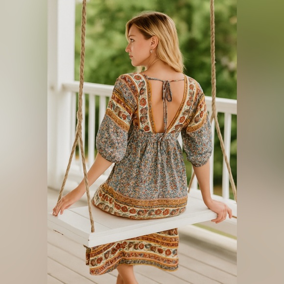 Boho Mixed Print Asymmetrical Hem Back Tie Dress Umgee Boutique NWT S #994 - Picture 4 of 13